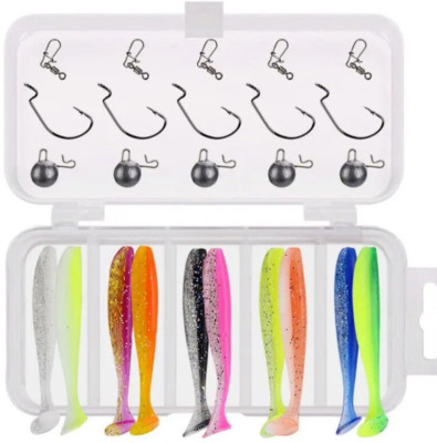 Cheburashka Set mit 10 Gummifischen 7cm und 5 Gewichten sowie 5 Haken und Wirbel