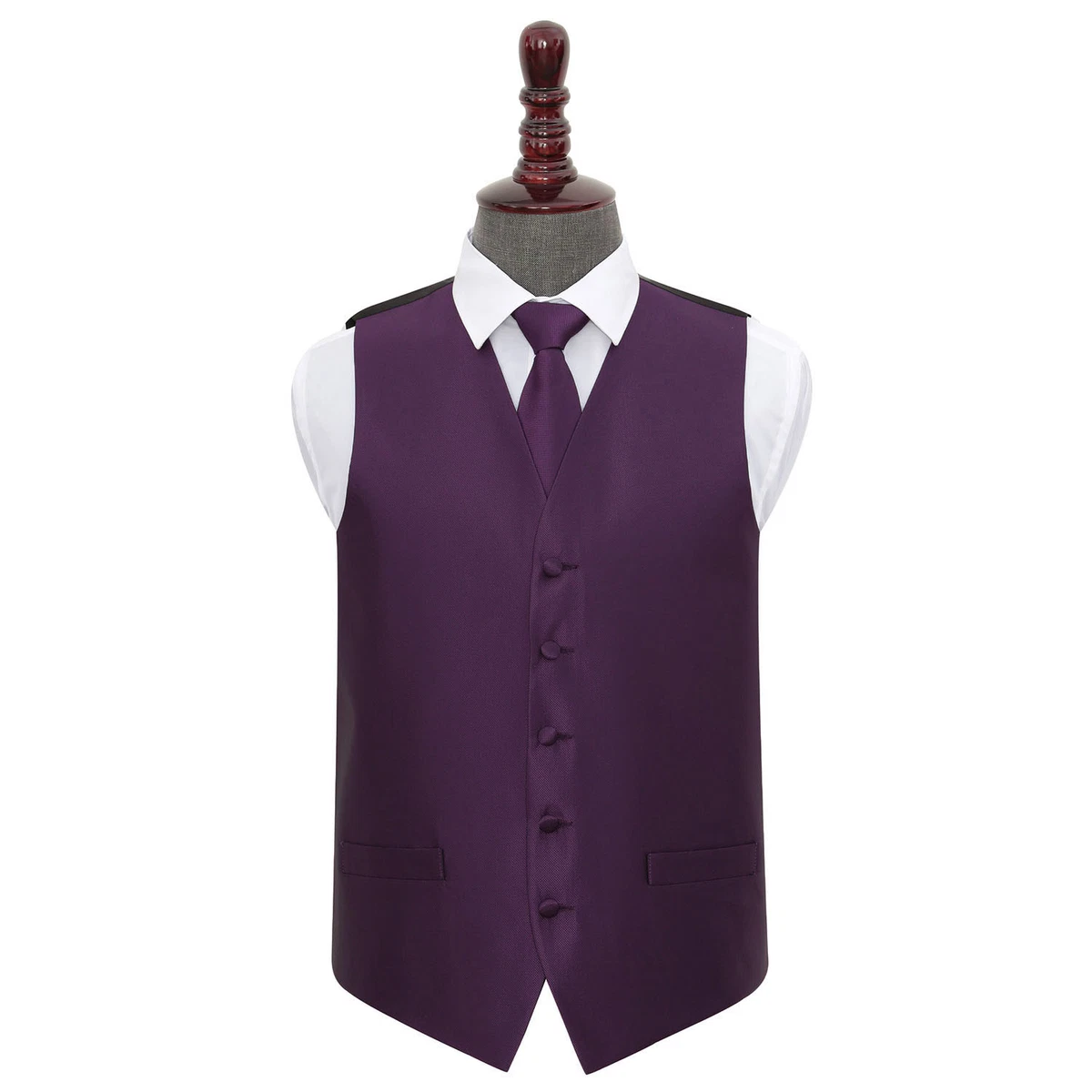 DQT Woven Plain Solid Check Cadbury Purple Mens Wedding Waistcoat Tie Set
