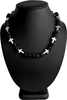 Rhinestone Crystal Iced CZ Disco Ball Bead Baseball Necklace Black Silver Cross