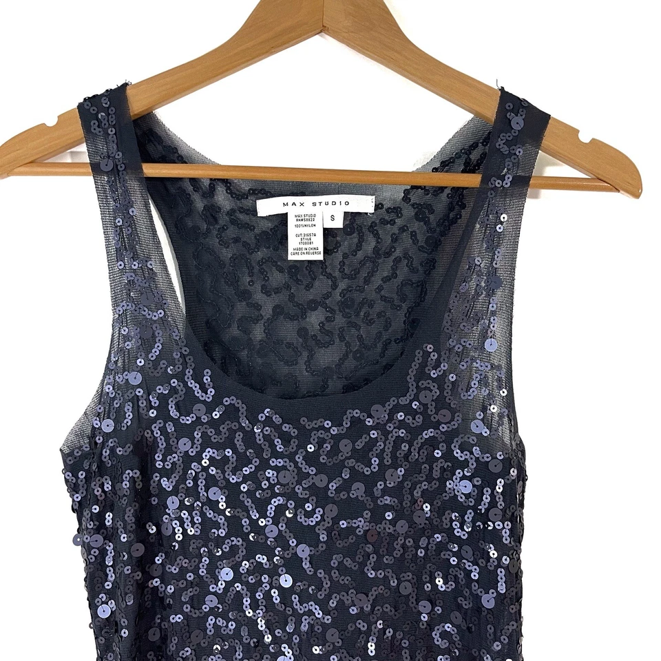 Max Studio Women’s Size Small Dark Blue Sequin Mesh Sleeveless Tunic Tank Top - Image 2 of 4