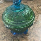 VINTAGE CARNIVAL GLASS WITH LID BLUE AND GREEN