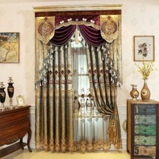 Luxury Blackout Curtains Embroidery Hollow Sheer Tulle Drape Golden Pan-blue