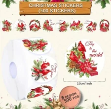 500 pcs Sticker Seals Roll Holiday Cardinal Birds Semi Gloss Self Adhesive NEW 