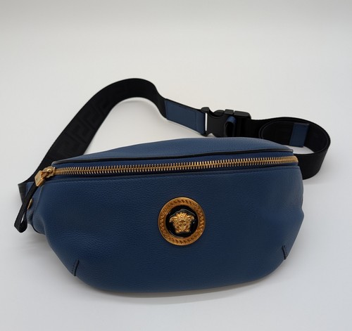 Versace Navy Blue Calf Leather Medusa Medallion Belt Bag Waist Fanny Pack