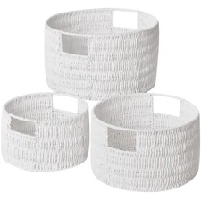 Wicker Storage Basket, Hand-Woven Paper Rope Large Round Woven Basket With Ha...