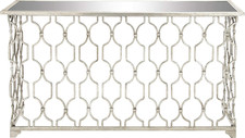 Stylish Silver Metal Geometric Console Table with Mirrored Glass Top, 55