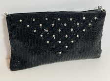 Vintage Beaded Rhinestones Evening Clutch Handbag Black EUC