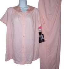 Vintage Vanity Fair Womens Pink Nylon Pajama Set Button-Down Top Elastic Waist