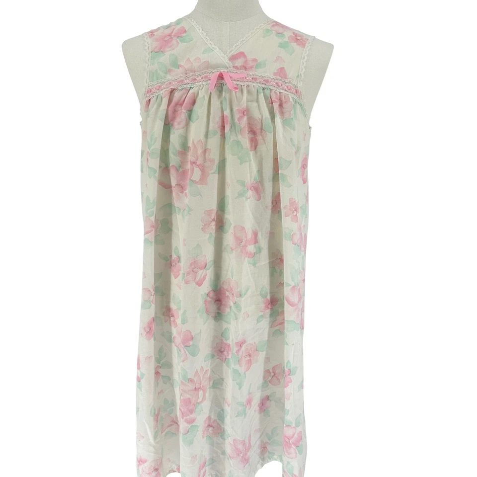 Conjunto de roupão camisola floral vintage Wms médio rosa verde acabamento de renda roupa de dormir Cottagecore - Imagem 4 de 4