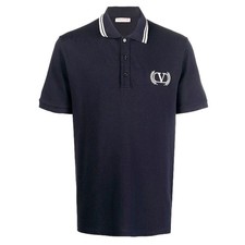 VALENTINO Embroidered Logo Polo Shirt Cotton Navy Blue Color