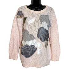 VINTAGE 1980S 1990S BONNIE BILL FOR HOLLY PINK GRAY FLORAL APPLIQU SWEATER M