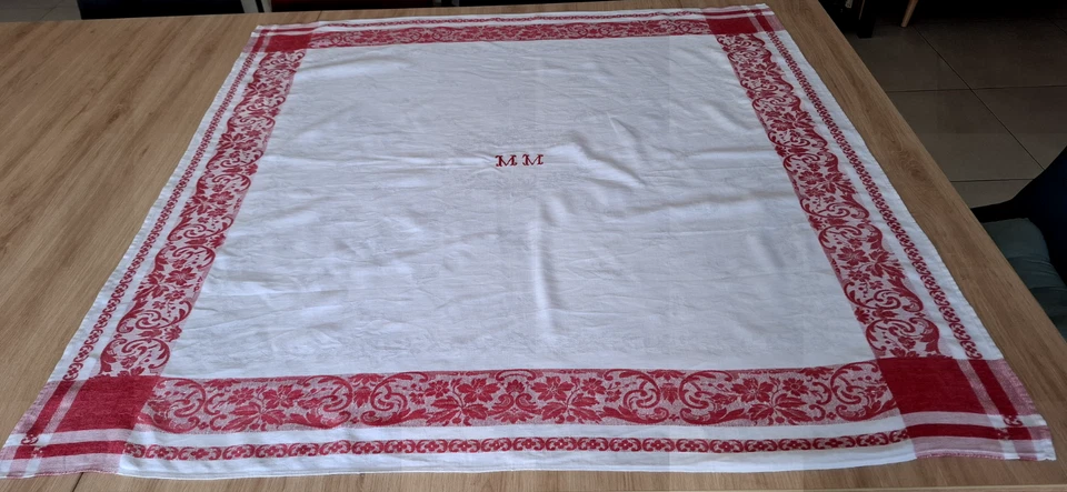 Joli lot de 5 petites nappes anciennes vigneronnes liteaux rouges monogrammes - Photo 3/4