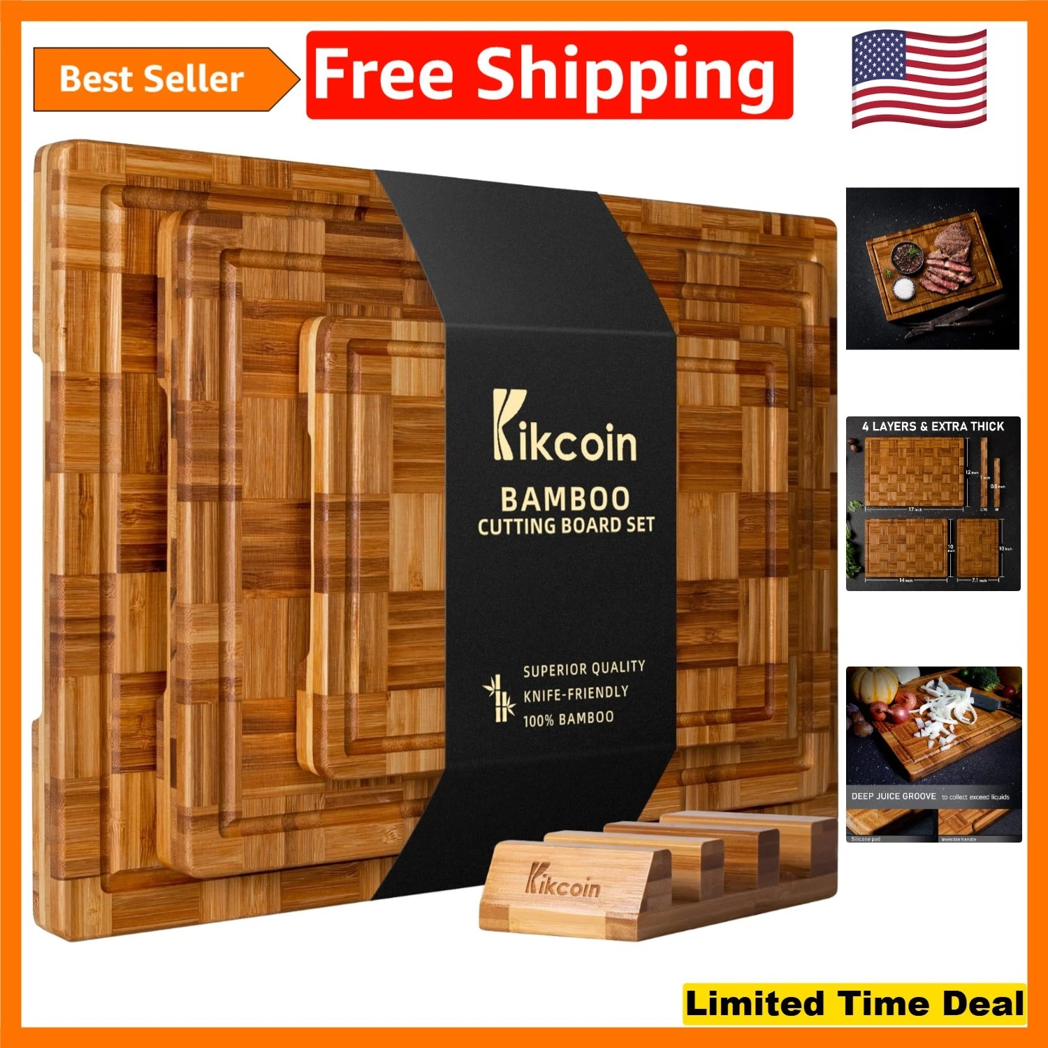 Extra Large Bamboo Cutting Board Set of 3 with Juice Grooves for Master Chefs