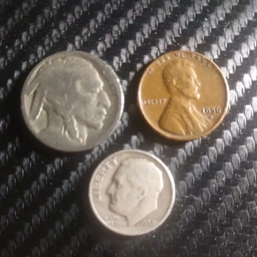 Old US Coin lot. (Silver) Roosevelt Dime- Wheat Cent- Buffalo Nickel. 3 Coin Set