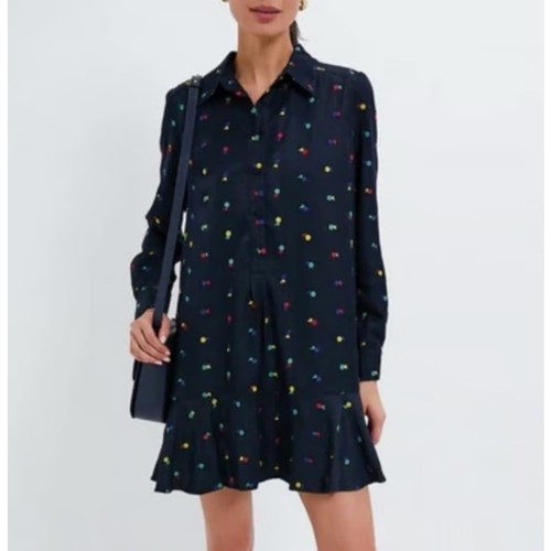 Tuckernuck Dress Womens Embroidered Callahan Navy Multi Drop Waist Ruffle Large - Picture 3 of 8