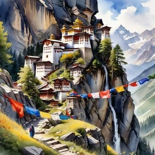 Realistic Landscape Mountain Monastery Vista Canvas Wall Art Picture