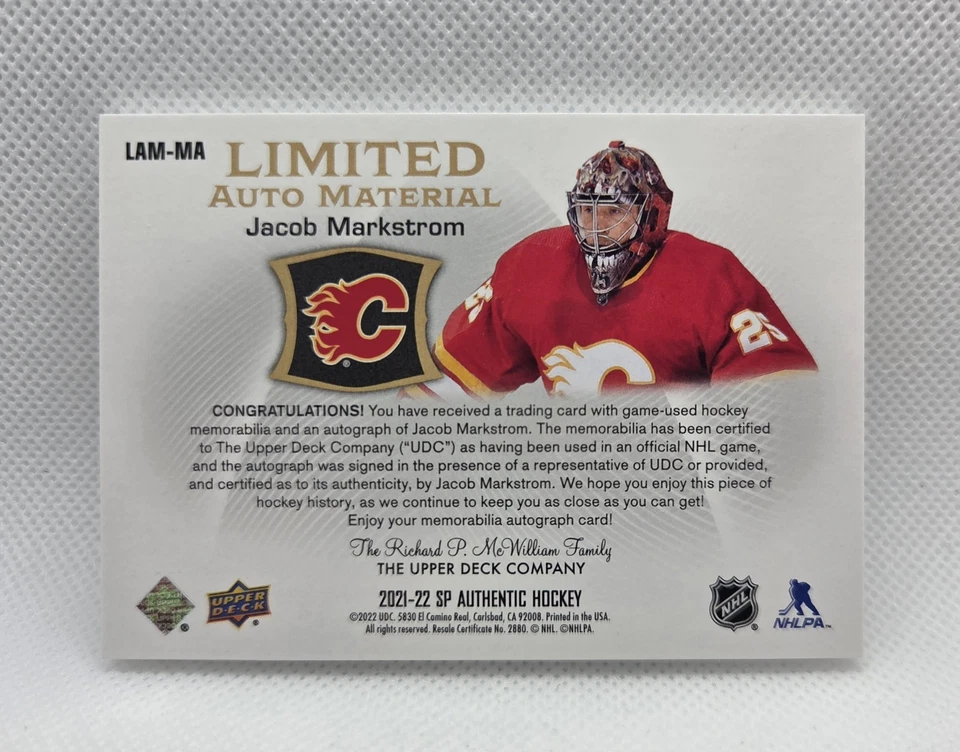 2021-22 SP Authentic Limited Auto Material /100 Jacob Markstrom LAM-MA - Image 2 of 2