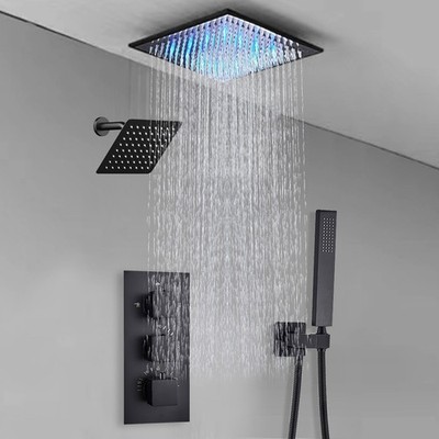 Black Thermostatic Shower Faucet Set 6''+12'' Shower Head Combo Shower System Kit