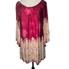 Burgundy Velvet Look Tunic Top with Bohemian Paisley Print Bell Sleeves Medium