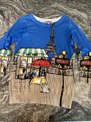 Joseph A. Blue Paris Theme Scoop Neck Pullover Knit Sweater Size S 3/4 Sleeves