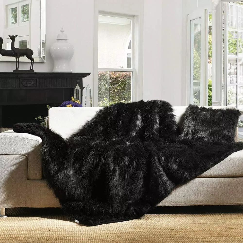 Fluffy black throw sales