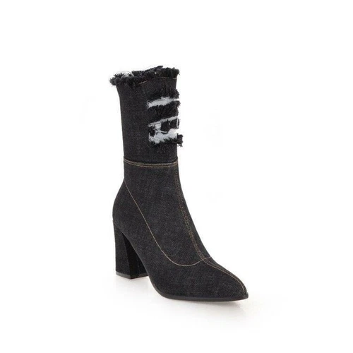 Damen Stiefeletten Schuhe Denim mittlere Wade spitz hohe Absätze gerissener Lochreißverschluss neu - Bild 10 von 16