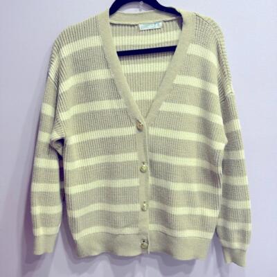 Primark Cares Tan White Striped Thick Buttons Up Cardigan Women s Sweater Size L