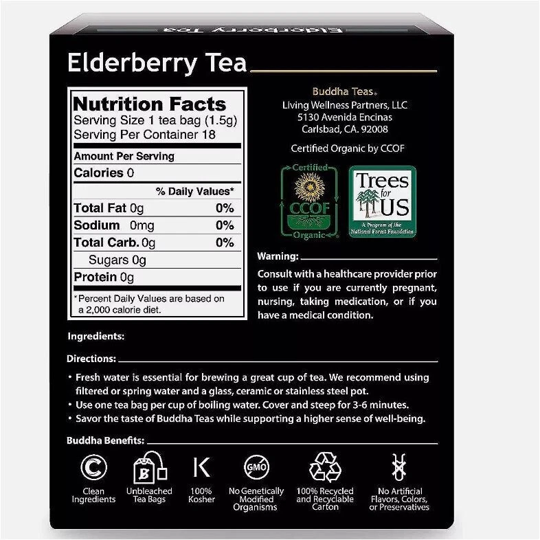 18 чаев Buddha органические неотбеленные чайные пакетики из бузины, без ГМО, кошерные, срок годности 9/27 - Изображение 2 из 4