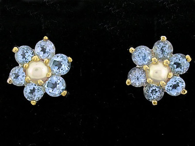 E058- Genuine 9ct Yellow Gold Natural Topaz & Pearl Blossom Daisy Stud Earrings