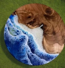 24" Round Ocean Wave Epoxy Resin Center Coffee Table Natural Wooden Home Decors