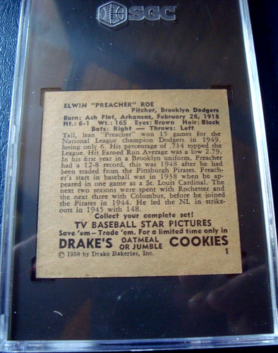 1950 DRAKE'S COOKIES #1 ELWIN "PREACHER" ROE SGC A BROOKLYN DODGERS no creases - Picture 6 of 6