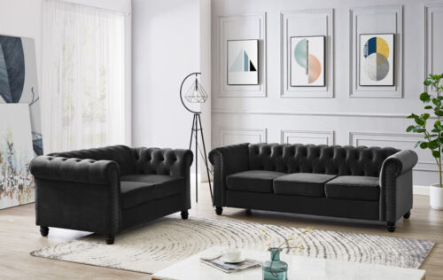 Chesterfield Velvet Sofa 3 2 Seater Couch Suite Tufted With Studded Arm New - Picture 6 of 64