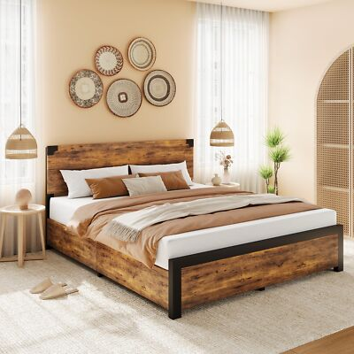 #ad #ad Metal Platform Bed Frame Queen Size with Wood Headboard 4 Storage Drawers $154.51