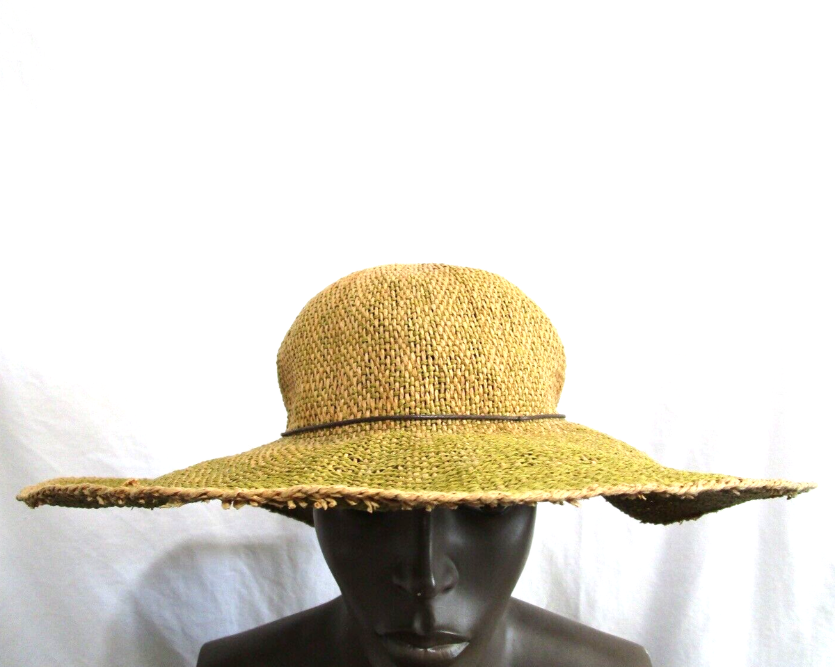 San Diego Hat Co. Boho Greenish Beige Straw Beaded Feather 