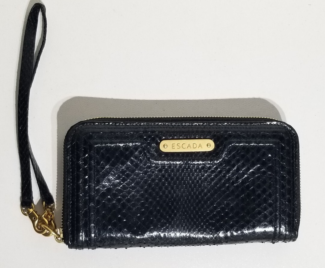 Escada Black Leather Python Print Continental Zip… - image 1