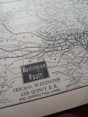 1890 Zug Streckenkarte Chicago Burlington & Quincy Railroad leicht einzurahmen 6'' x 9''