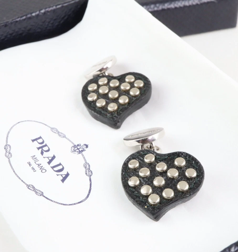 PRADA Cufflinks Heart Black Leather & Silver Studs Silver 925 Italy w/Box - Image 3 of 4