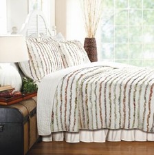 Twin Full Queen King Ivory Stripe Floral Ruffle 3 pc Cotton Quilt Set Coverlet