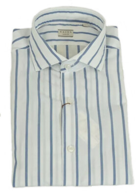 XACUS weiches French Neck Hemd aus Baumwoll-Chambray weiß/blau gestreift