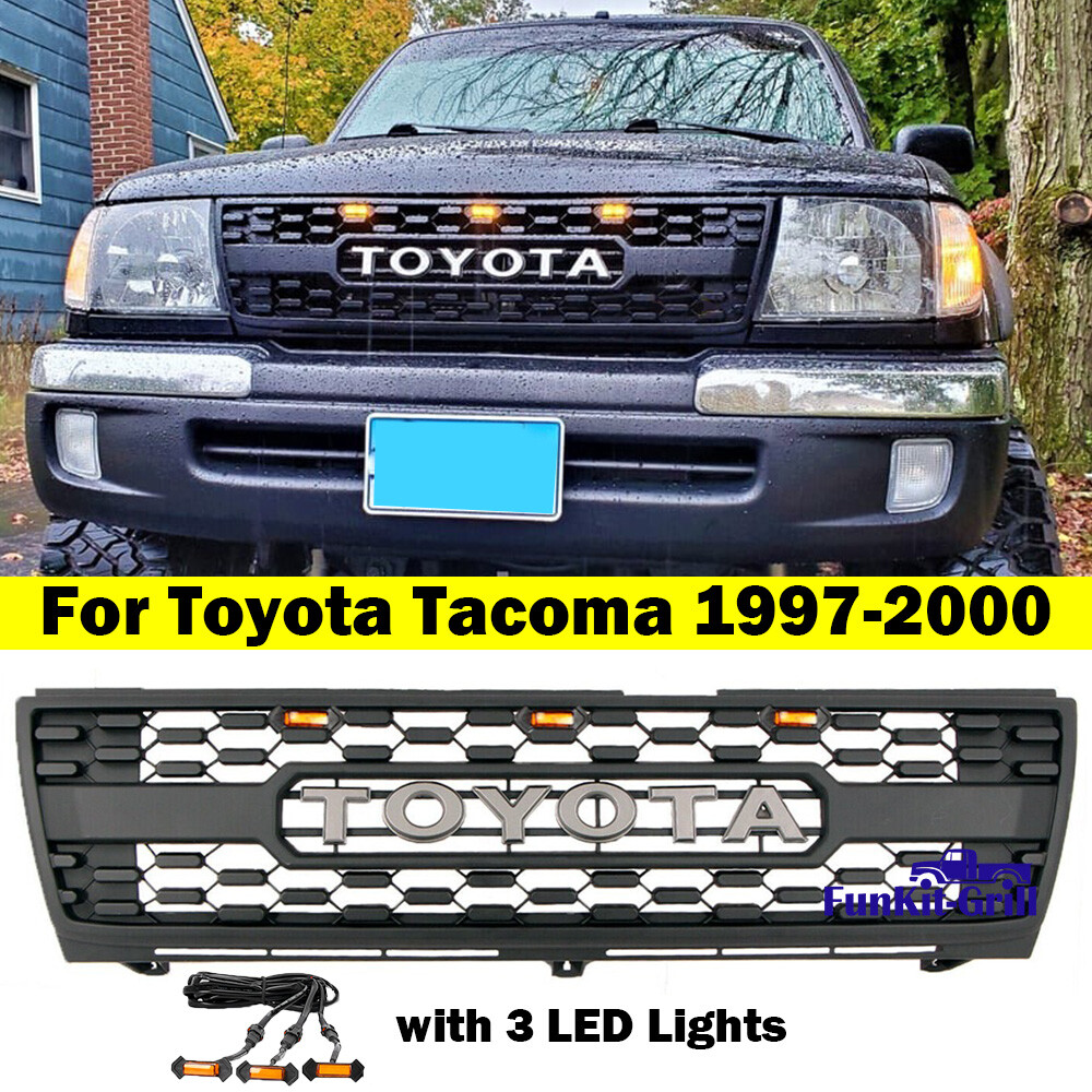 Front Grille For Toyota Tacoma 1997-2000  Bumper Grill Matte Black W/3LEDs ABS