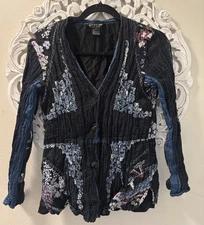 Citron Santa Monica Crinkle Silk Cotton Top Jacket Black Asian Print Women Large