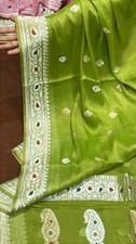 Green 100 khadi Chiffon Sari Zari Banarasi Woven Designer Saree With Blouse Pce