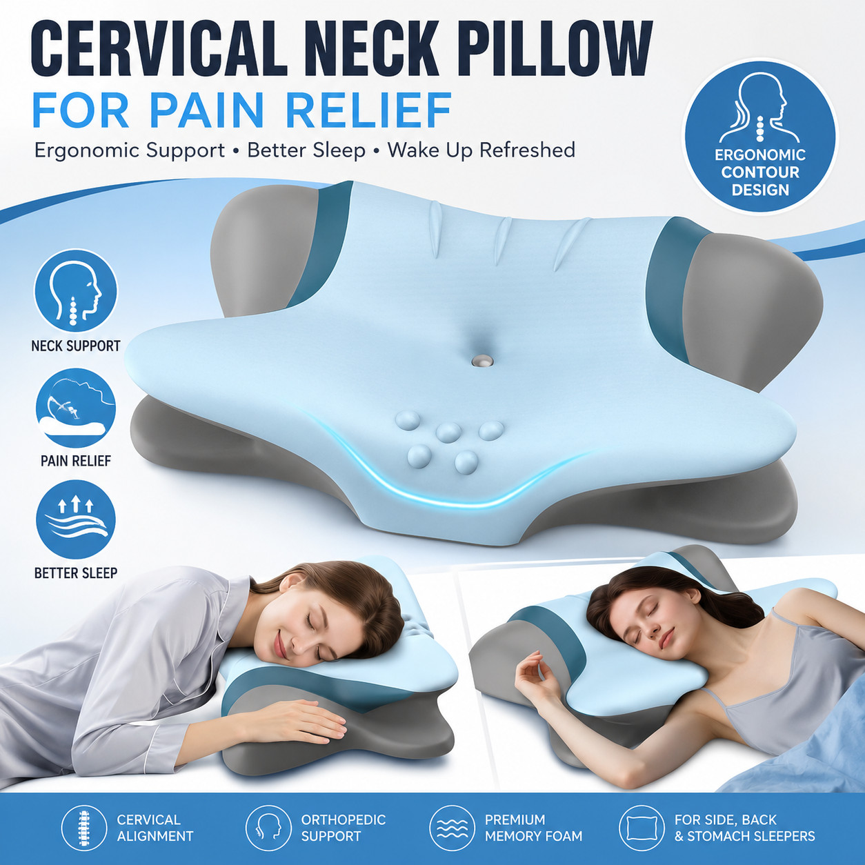 Cervical Memory Foam Pillow for Neck Pain Relief Ergonomic Neck Support Pillow