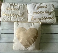 Set Decorative Throw Pillows Tan Linen + Gold | “Hey There Beautiful”