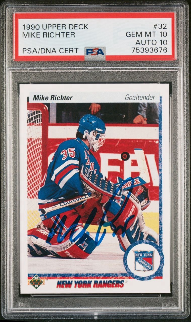 Mike Richter 1990 Upper Deck #32 Rookie Card Dual PSA 10 DNA Auto 10 Rangers