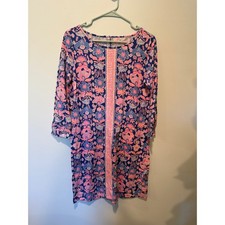 Lilly Pulitzer Pink Blue Floral Pima Cotton Shift Dress 3/4 Sleeve 20100 Medium