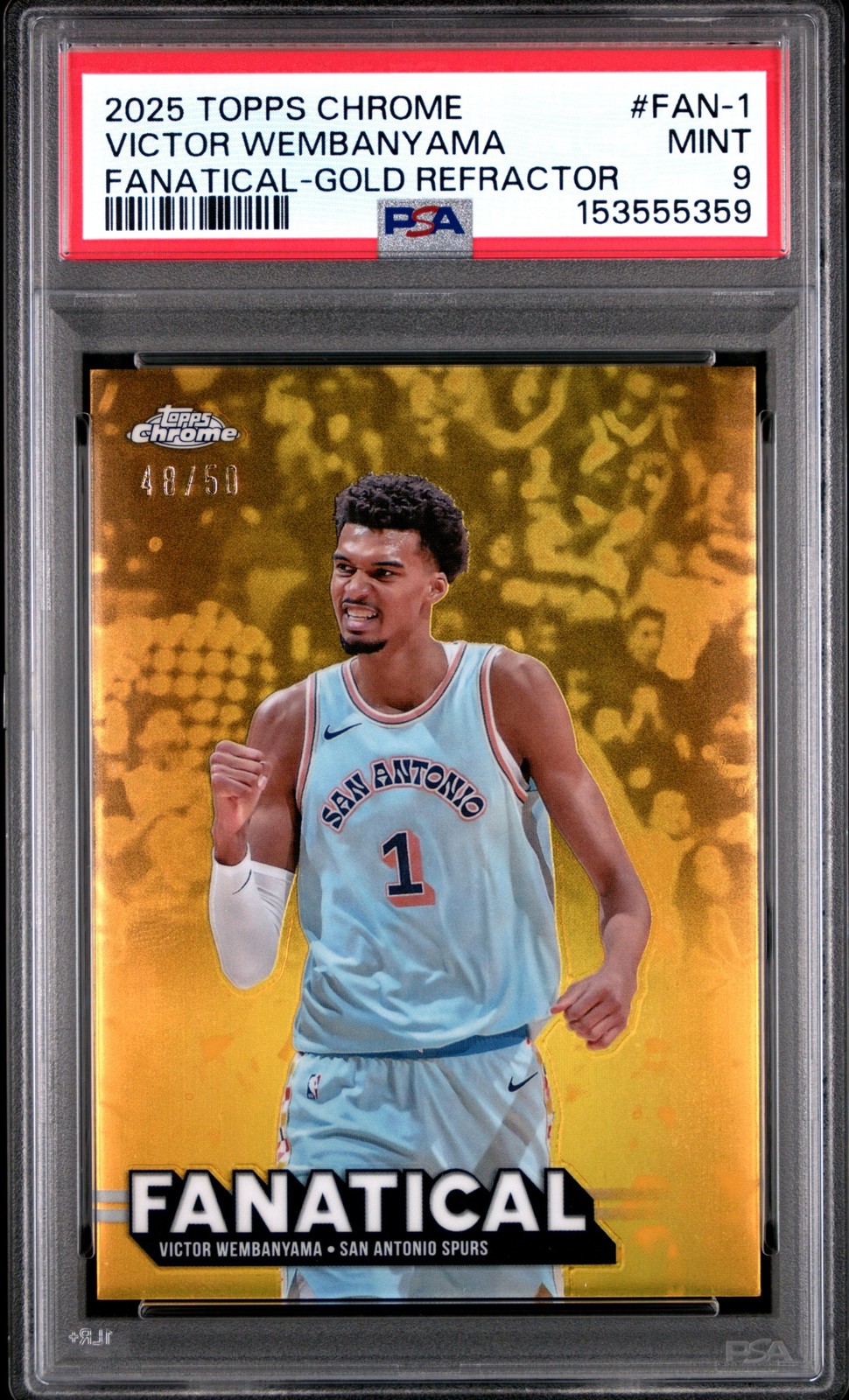 VICTOR WEMBANYAMA PSA 9 2025 TOPPS CHROME FAN-1 FANATICAL GOLD REFRACTOR SSP /50