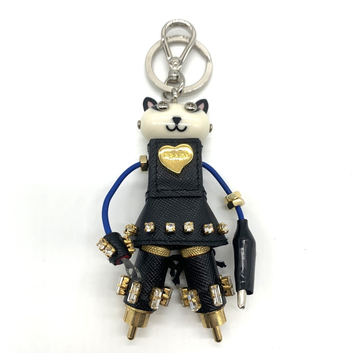 PRADA Robot Cat Charm Keychain White x Black Cat Triangle Logo