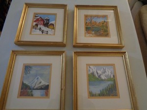 Miniature Art Prints, Signed LM, (4) framed - size:  4 x 6, good condition