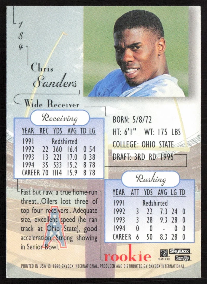 1995 SkyBox Premium Chris Sanders #184 Rookie Houston Oilers - Image 2 of 2